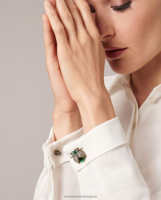 Anne Fontaine vrouwen cognac manchetknopen insectenmanchetknopen met smaragdgroene kristallen accessoires stijlvol 06TRT557