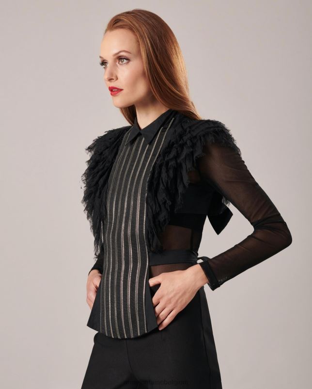 Anne Fontaine vrouwen nany poplin overhemdkraag aan de voorkant met mousseline ruches accessoires stijlvol 06TRT577