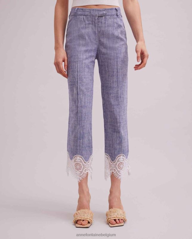 Anne Fontaine vrouwen vince broek cropped linnen broek met kanten appliqué kleding blauw 06TRT333