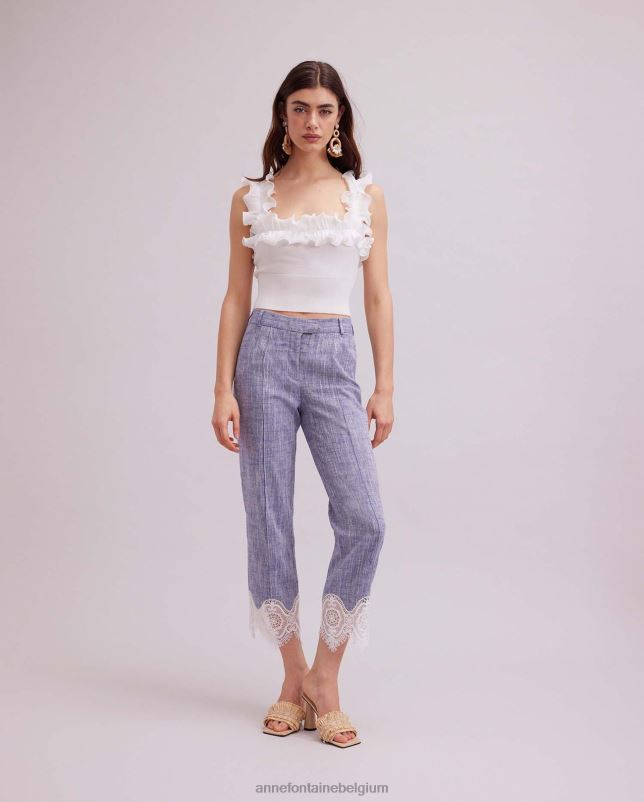 Anne Fontaine vrouwen vince broek cropped linnen broek met kanten appliqué kleding blauw 06TRT333