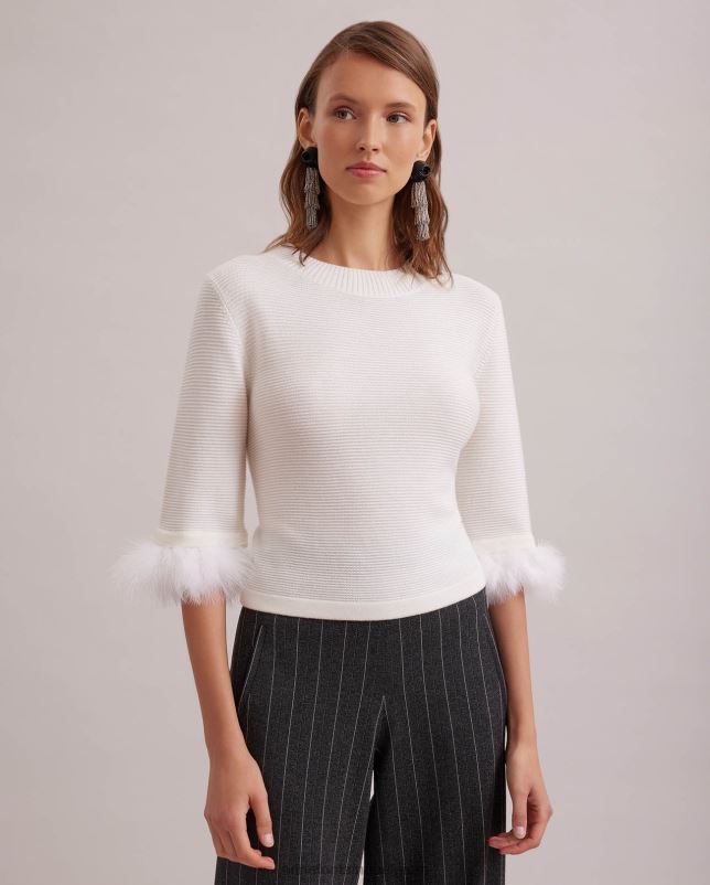 Anne Fontaine vrouwen Beckett getextureerde gebreide trui met afneembare verenmouwen kleding wit 06TRT474