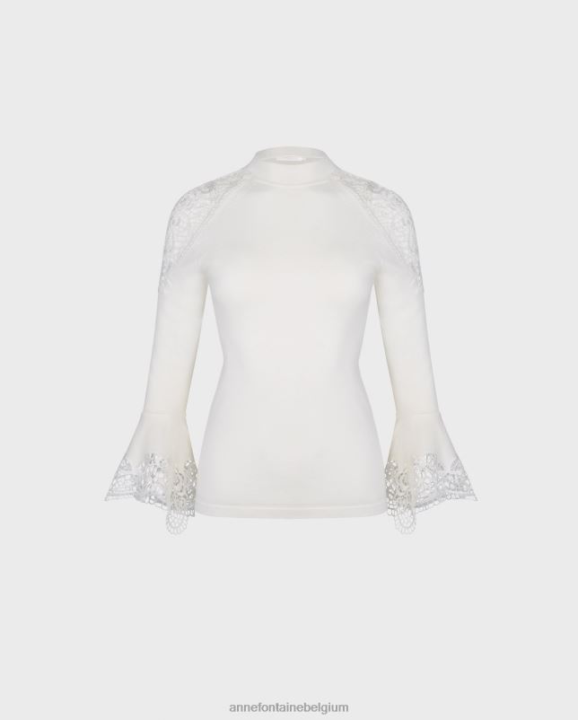 Anne Fontaine vrouwen Fozia trui gebreide trui met transparante kanten bloemendetails kleding maan wit 06TRT475