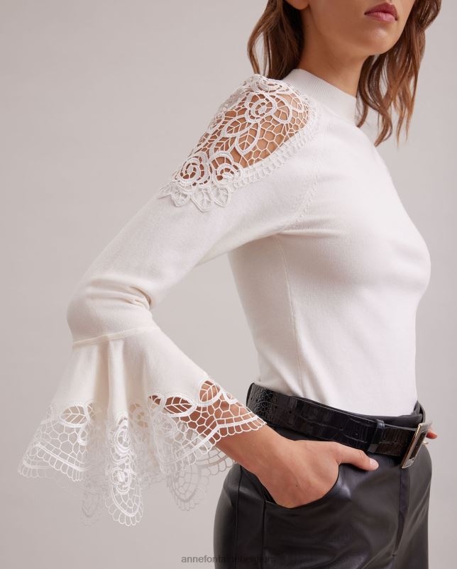 Anne Fontaine vrouwen Fozia trui gebreide trui met transparante kanten bloemendetails kleding maan wit 06TRT475