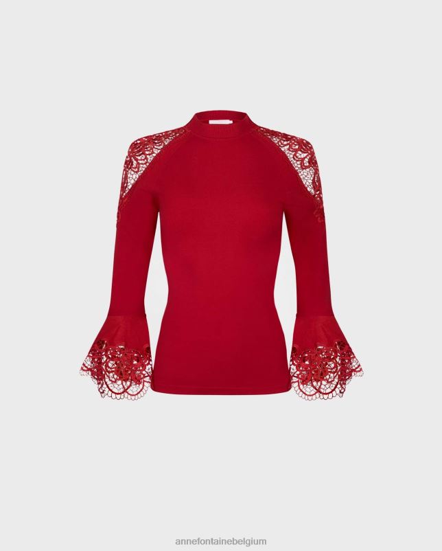 Anne Fontaine vrouwen Fozia trui gebreide trui met transparante kanten bloemendetails kleding tango rood 06TRT480