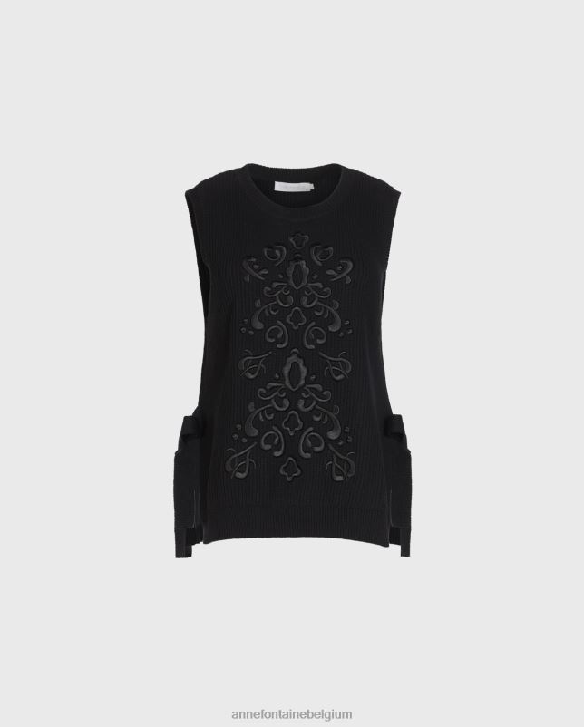 Anne Fontaine vrouwen Pensee trui mouwloos gebreid met geborduurd patroon kleding zwart 06TRT465