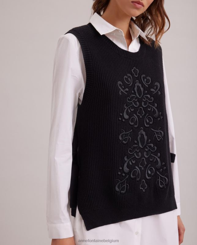 Anne Fontaine vrouwen Pensee trui mouwloos gebreid met geborduurd patroon kleding zwart 06TRT465