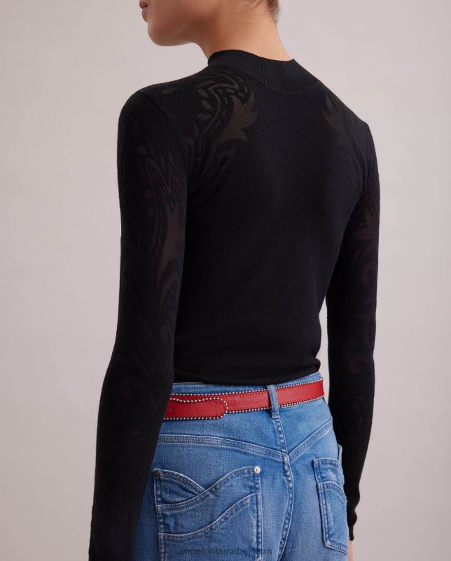 Anne Fontaine vrouwen Rosine top dun gebreide trui met opstaande hals en abstracte burnout-patronen kleding zwart 06TRT479