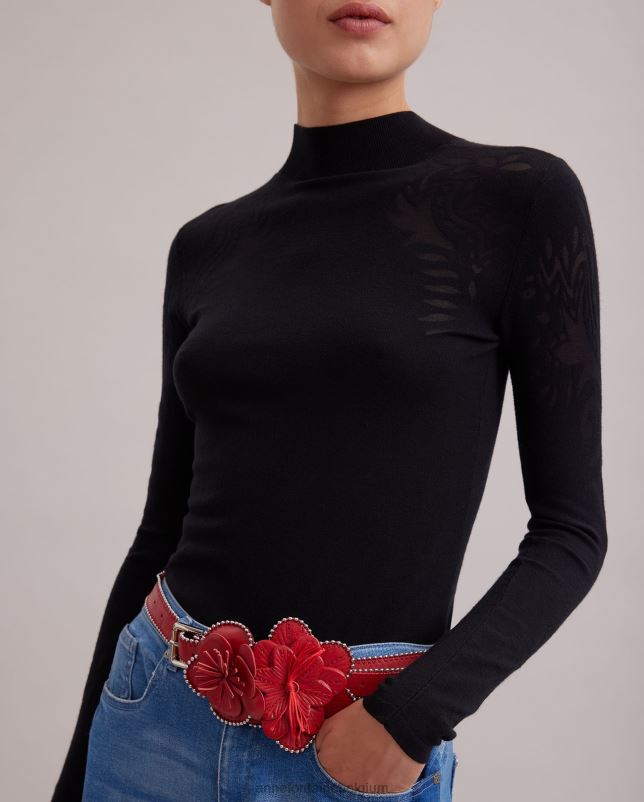 Anne Fontaine vrouwen Rosine top dun gebreide trui met opstaande hals en abstracte burnout-patronen kleding zwart 06TRT479