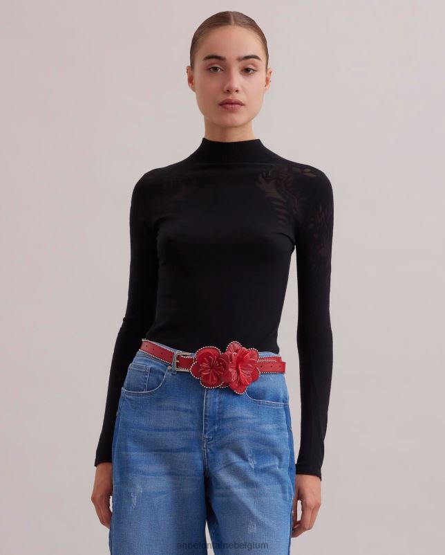 Anne Fontaine vrouwen Rosine top dun gebreide trui met opstaande hals en abstracte burnout-patronen kleding zwart 06TRT479