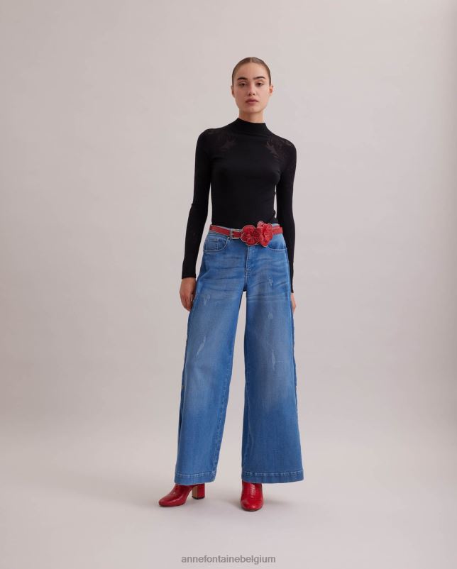 Anne Fontaine vrouwen Rosine top dun gebreide trui met opstaande hals en abstracte burnout-patronen kleding zwart 06TRT479