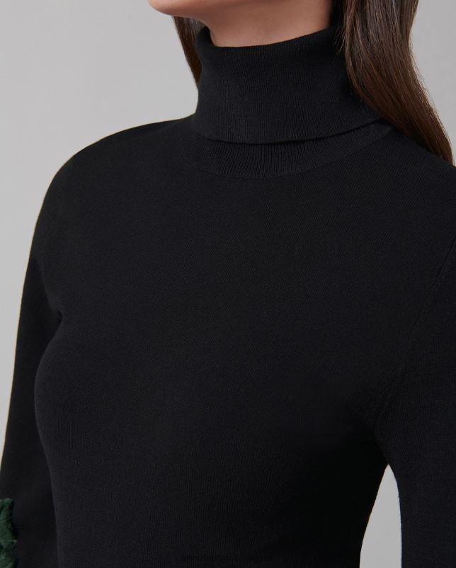 Anne Fontaine vrouwen cadans trui, coltrui met lange mouwen en bloemenapplicaties kleding zwart wit 06TRT491