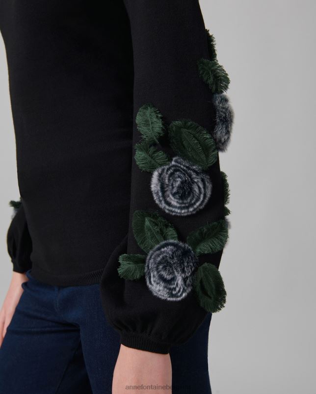 Anne Fontaine vrouwen cadans trui, coltrui met lange mouwen en bloemenapplicaties kleding zwart wit 06TRT491