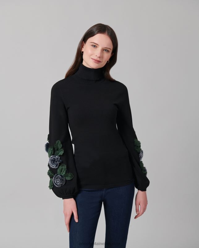 Anne Fontaine vrouwen cadans trui, coltrui met lange mouwen en bloemenapplicaties kleding zwart wit 06TRT491