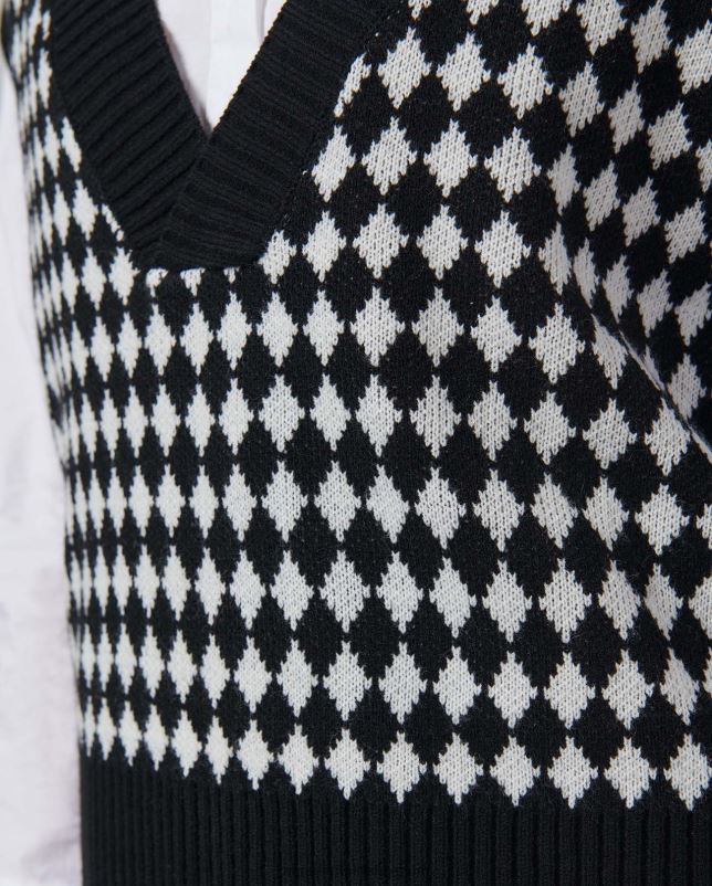 Anne Fontaine vrouwen mineur vest, gebreid vest met kapmouwen en pied-de-poule-patroon kleding zwart wit 06TRT494