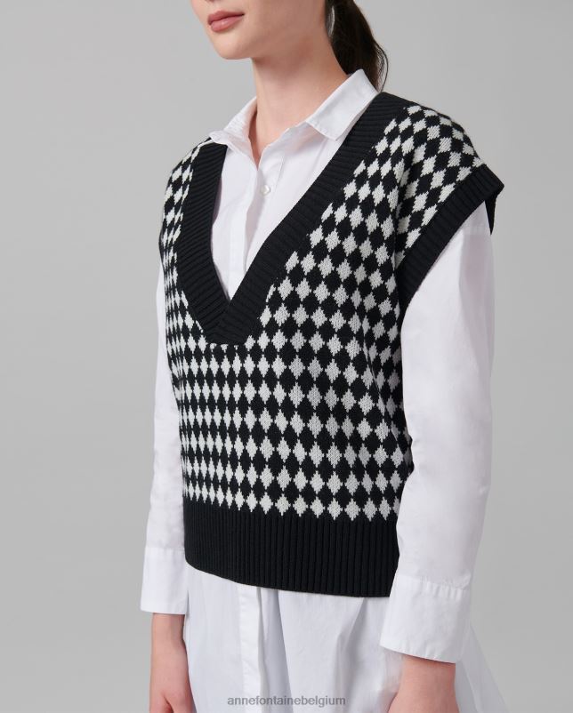 Anne Fontaine vrouwen mineur vest, gebreid vest met kapmouwen en pied-de-poule-patroon kleding zwart wit 06TRT494