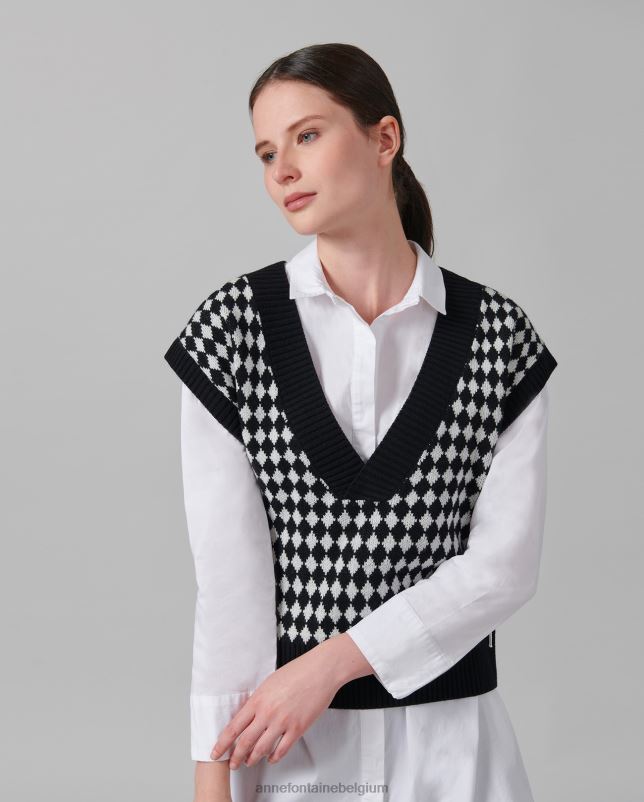 Anne Fontaine vrouwen mineur vest, gebreid vest met kapmouwen en pied-de-poule-patroon kleding zwart wit 06TRT494