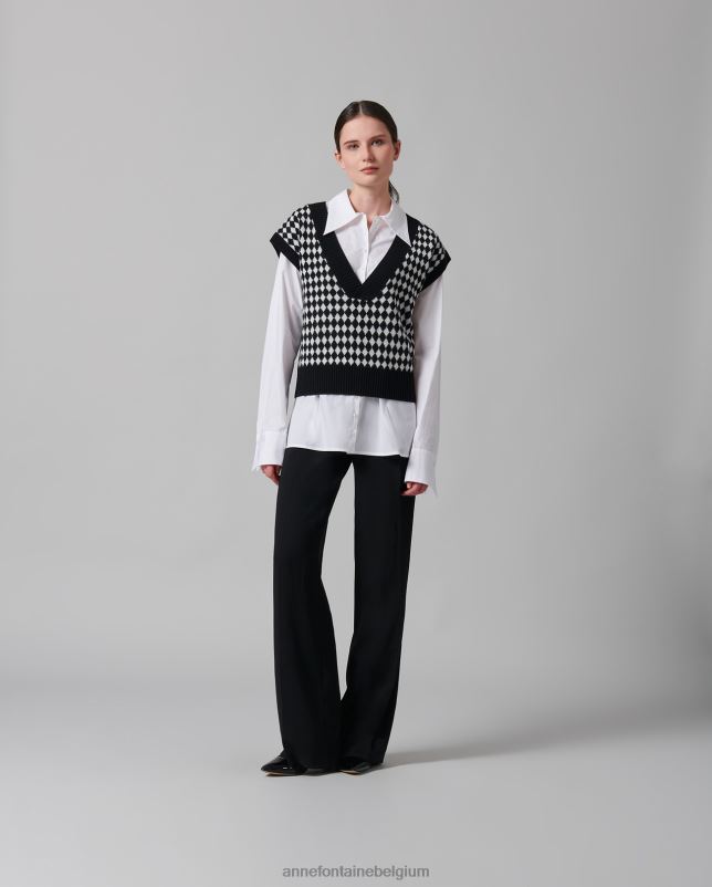 Anne Fontaine vrouwen mineur vest, gebreid vest met kapmouwen en pied-de-poule-patroon kleding zwart wit 06TRT494