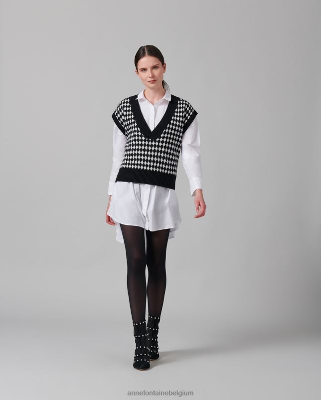 Anne Fontaine vrouwen mineur vest, gebreid vest met kapmouwen en pied-de-poule-patroon kleding zwart wit 06TRT494