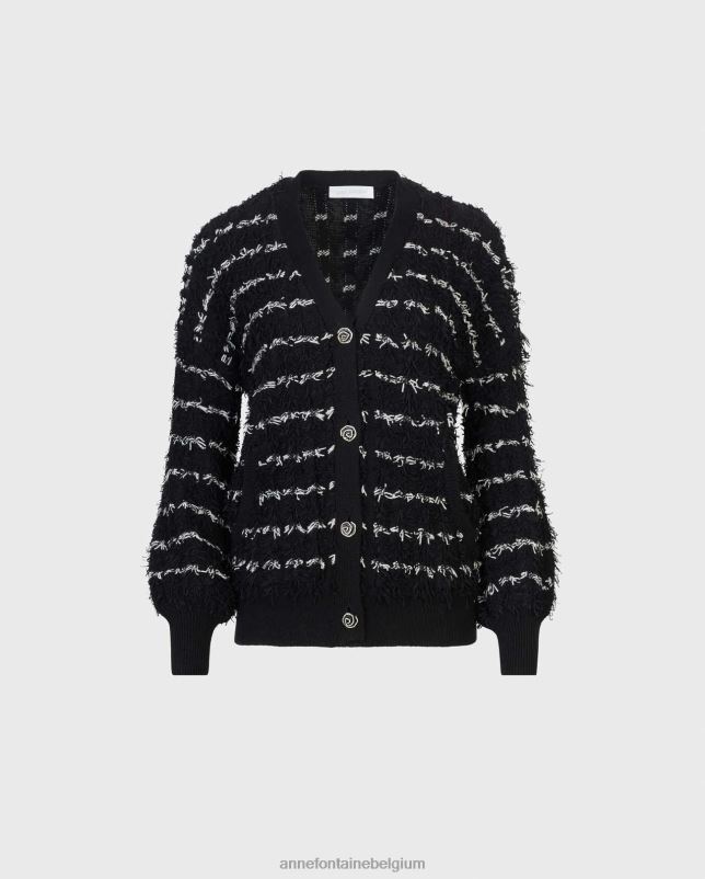 Anne Fontaine vrouwen parnasse vest lange mouwen v-hals vest met getextureerde afwerking kleding zwart wit 06TRT478