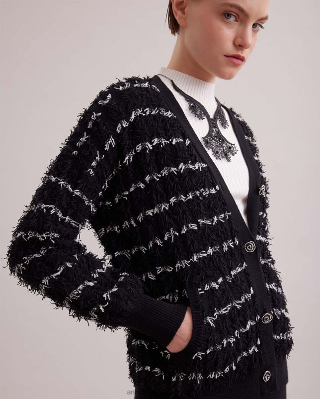 Anne Fontaine vrouwen parnasse vest lange mouwen v-hals vest met getextureerde afwerking kleding zwart wit 06TRT478