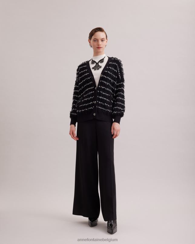 Anne Fontaine vrouwen parnasse vest lange mouwen v-hals vest met getextureerde afwerking kleding zwart wit 06TRT478