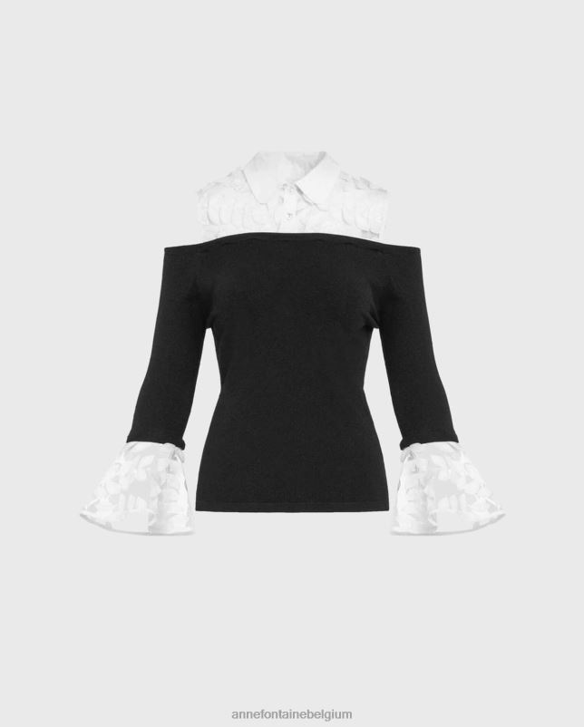 Anne Fontaine vrouwen persane trui gebreide trui met geborduurd bladontwerp kleding zwart wit 06TRT495
