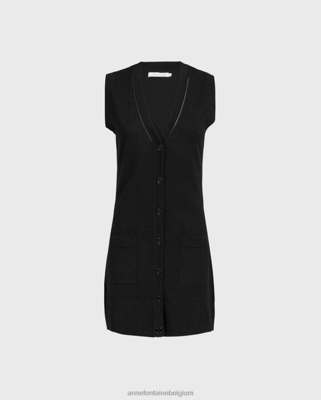 Anne Fontaine vrouwen ribella vest lang mouwloos vest met v-hals en knoopsluiting kleding zwart 06TRT496