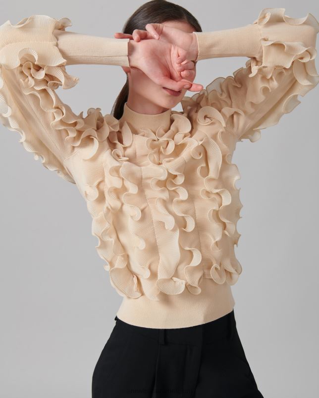 Anne Fontaine vrouwen sidaline trui trui met lange mouwen en geplooide ruches kleding bruin/zand 06TRT485
