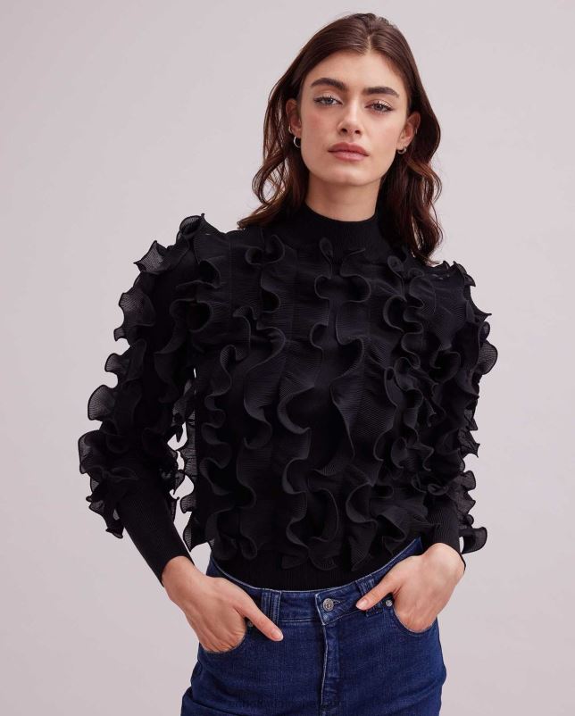 Anne Fontaine vrouwen sidaline trui trui met lange mouwen en geplooide ruches kleding zwart 06TRT470