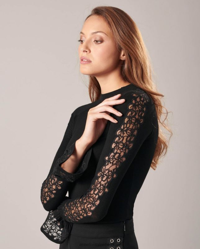 Anne Fontaine vrouwen sophie trui gebreide trui met lange mouwen en ruches aan de manchetten kleding zwart 06TRT490