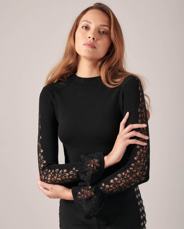 Anne Fontaine vrouwen sophie trui gebreide trui met lange mouwen en ruches aan de manchetten kleding zwart 06TRT490