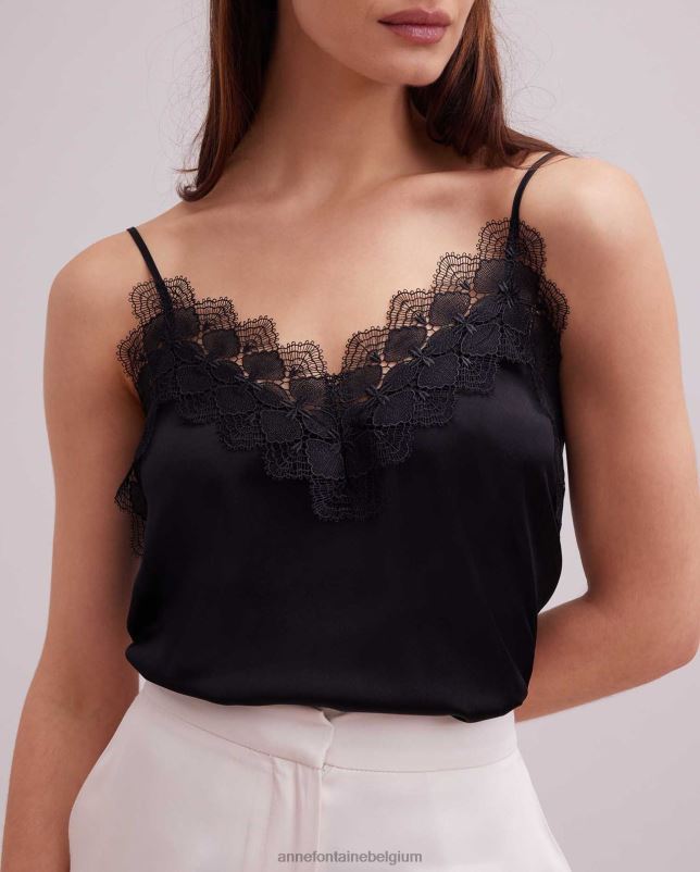 Anne Fontaine vrouwen Agave top zijden hemdje met kanten randen kleding zwart 06TRT262