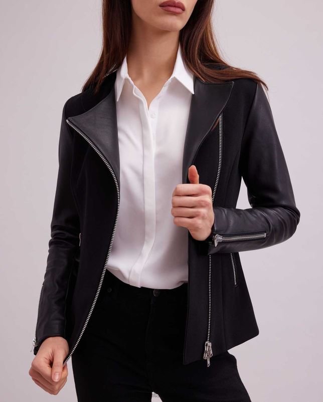 Anne Fontaine vrouwen Fatine jas bi-materiaal jas in motorstijl kleding zwart 06TRT426