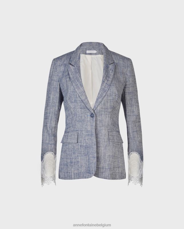 Anne Fontaine vrouwen Vatxi jasje, linnen jasje met lange mouwen en kanten appliqué kleding wit 06TRT404