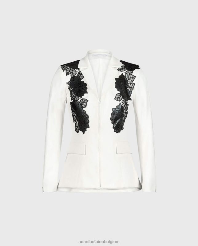 Anne Fontaine vrouwen Vorra jack, getailleerd jack met rozenapplicaties van imitatieleer kleding zwart wit 06TRT457