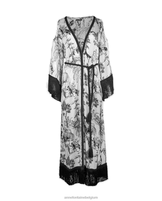 Anne Fontaine vrouwen croisette-kimono en kimono-jas met jungle-print en franjes kleding zwart wit 06TRT424