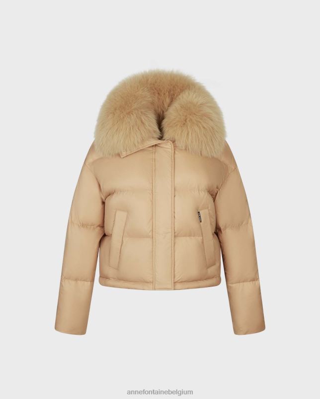 Anne Fontaine vrouwen fantastisch jasje cropped down pufferjack met luxe bontkraag kleding bruin 06TRT441