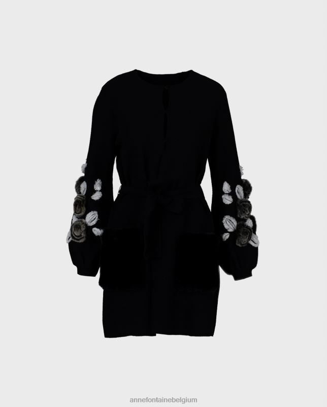 Anne Fontaine vrouwen fasha vest wafelgebreid vest met blousonmouwen en bloemendetails kleding zwart wit 06TRT427