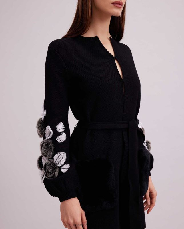 Anne Fontaine vrouwen fasha vest wafelgebreid vest met blousonmouwen en bloemendetails kleding zwart wit 06TRT427