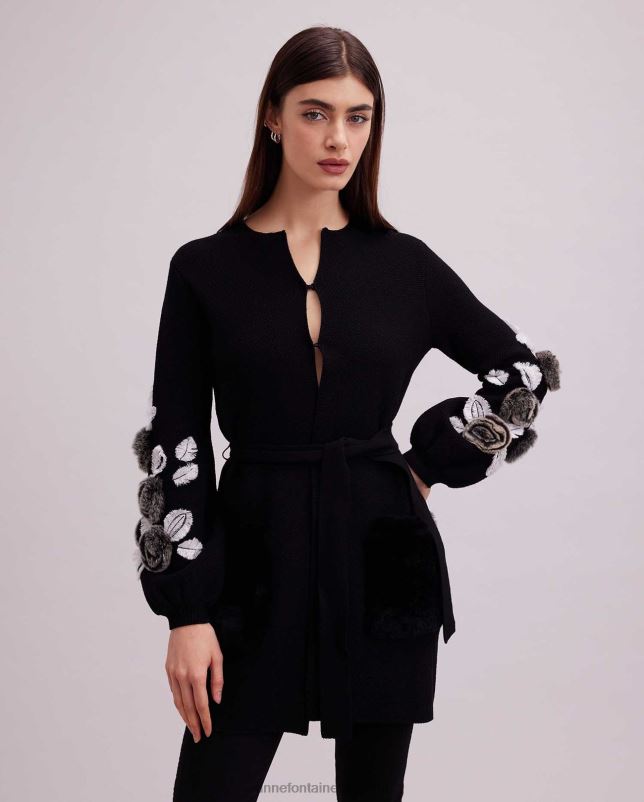 Anne Fontaine vrouwen fasha vest wafelgebreid vest met blousonmouwen en bloemendetails kleding zwart wit 06TRT427