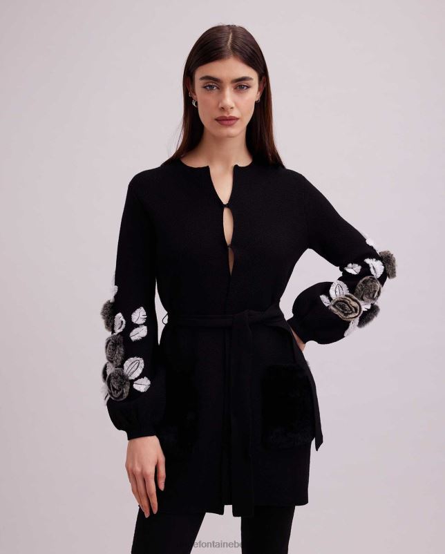 Anne Fontaine vrouwen fasha vest wafelgebreid vest met blousonmouwen en bloemendetails kleding zwart wit 06TRT427