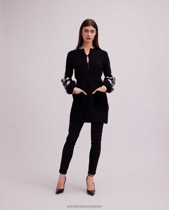 Anne Fontaine vrouwen fasha vest wafelgebreid vest met blousonmouwen en bloemendetails kleding zwart wit 06TRT427