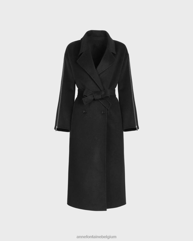 Anne Fontaine vrouwen galerijjas, lange wollen jas met dubbele rij knopen, mouwen met ritssluiting en strikceintuur in de taille kleding zwart 06TRT434
