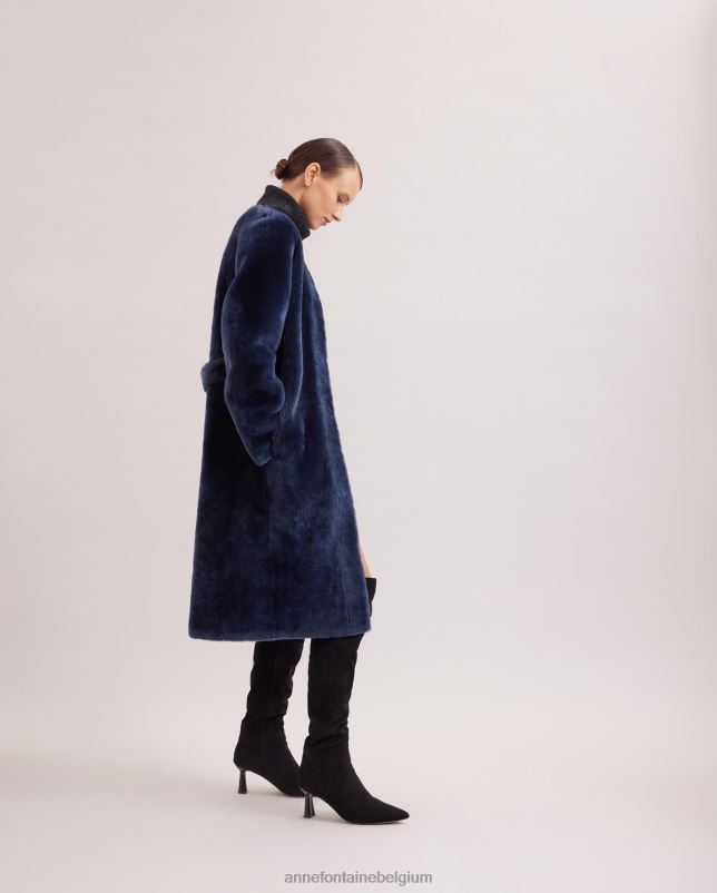 Anne Fontaine vrouwen rococo jas, halflange bontjas met leer aan de achterkant kleding marine 06TRT443