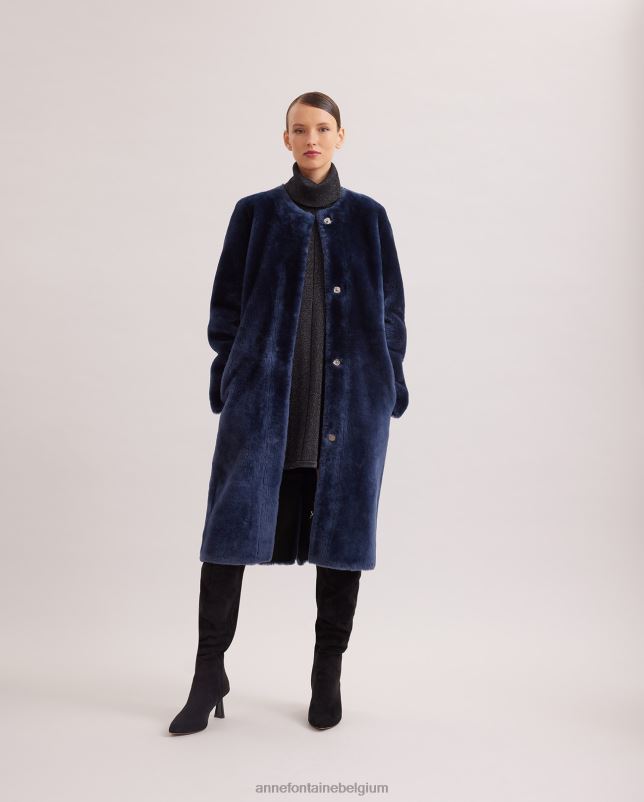 Anne Fontaine vrouwen rococo jas, halflange bontjas met leer aan de achterkant kleding marine 06TRT443