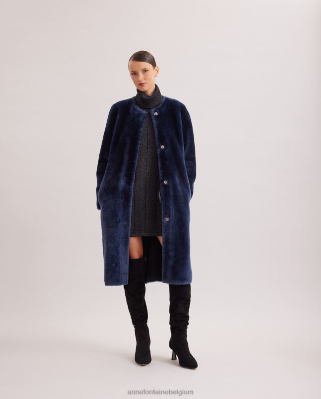 Anne Fontaine vrouwen rococo jas, halflange bontjas met leer aan de achterkant kleding marine 06TRT443