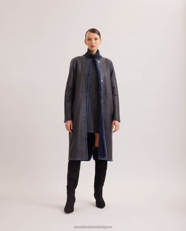 Anne Fontaine vrouwen rococo jas, halflange bontjas met leer aan de achterkant kleding marine 06TRT443