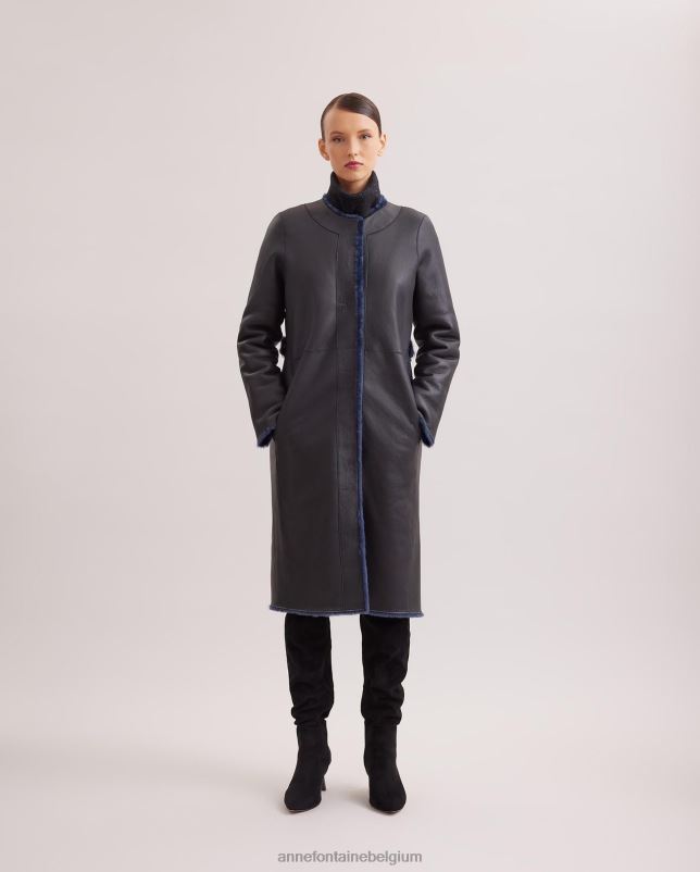 Anne Fontaine vrouwen rococo jas, halflange bontjas met leer aan de achterkant kleding marine 06TRT443