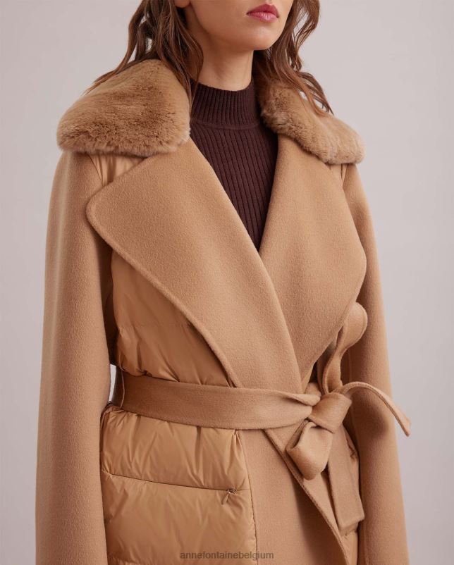 Anne Fontaine vrouwen schrijversjas, lange pufferjas met afneembare bontkraag en wollen strikceintuur in de taille kleding bruin 06TRT442