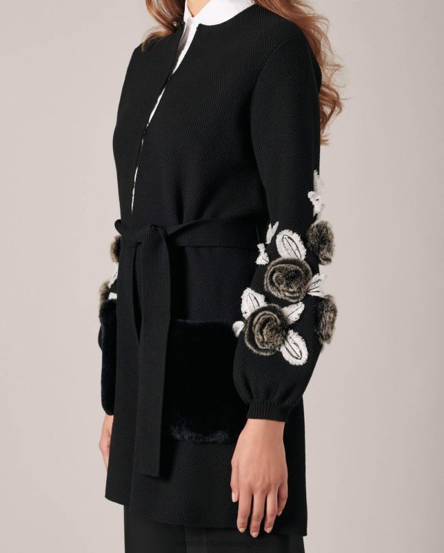 Anne Fontaine vrouwen shada vest gebreid vest met blousonmouwen en gebloemde bontdetails kleding zwart 06TRT435